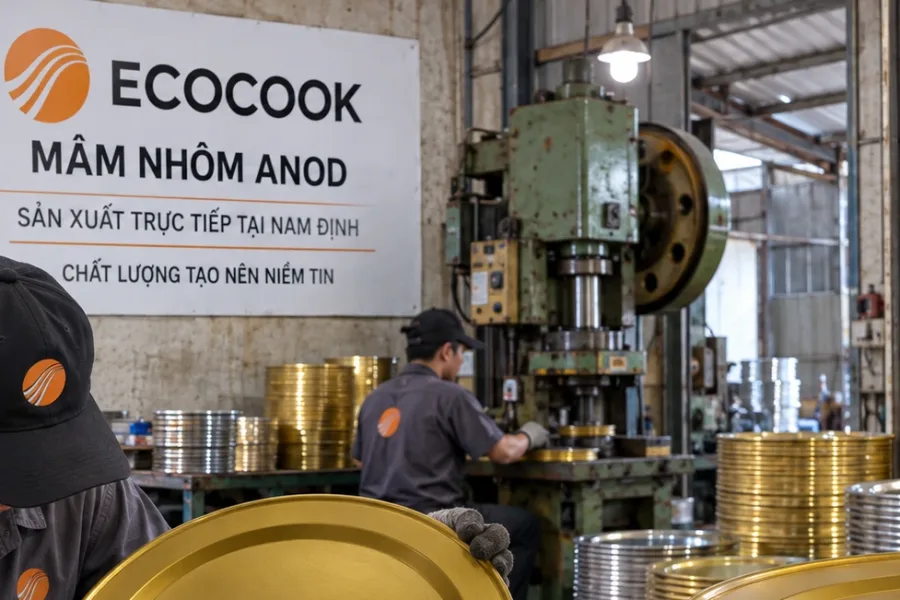 Thợ Ecocook dập mâm nhôm tại xưởng Nam Trực