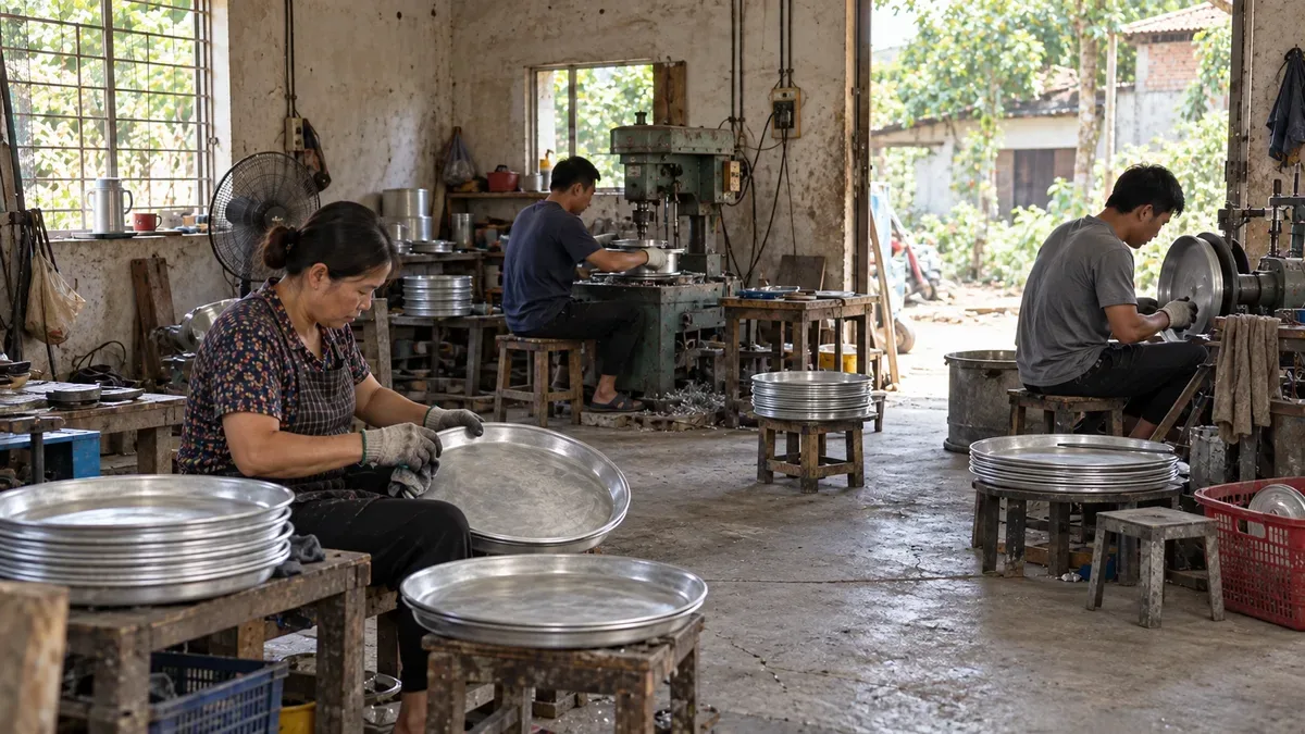 Thợ đánh bóng và kiểm tra mâm nhôm trong xưởng, bên cạnh các chồng mâm vừa làm xong