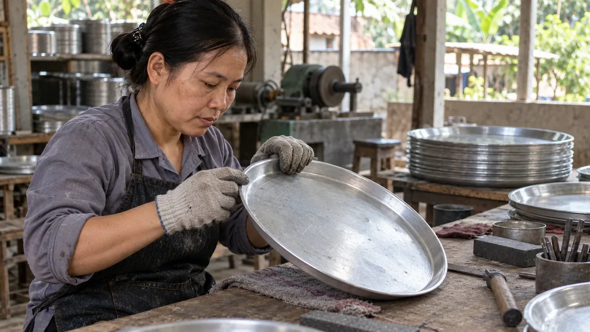 Người thợ đeo găng tay cầm một chiếc mâm nhôm lên xem kỹ bề mặt