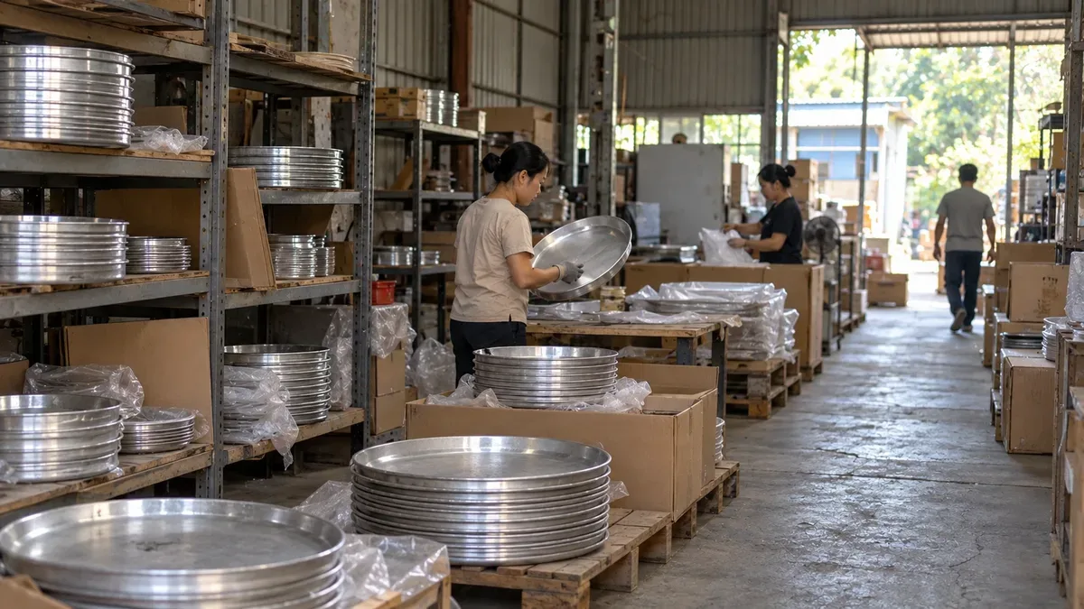 Kho hàng với các kệ mâm nhôm xếp chồng và thùng carton chờ đóng gói