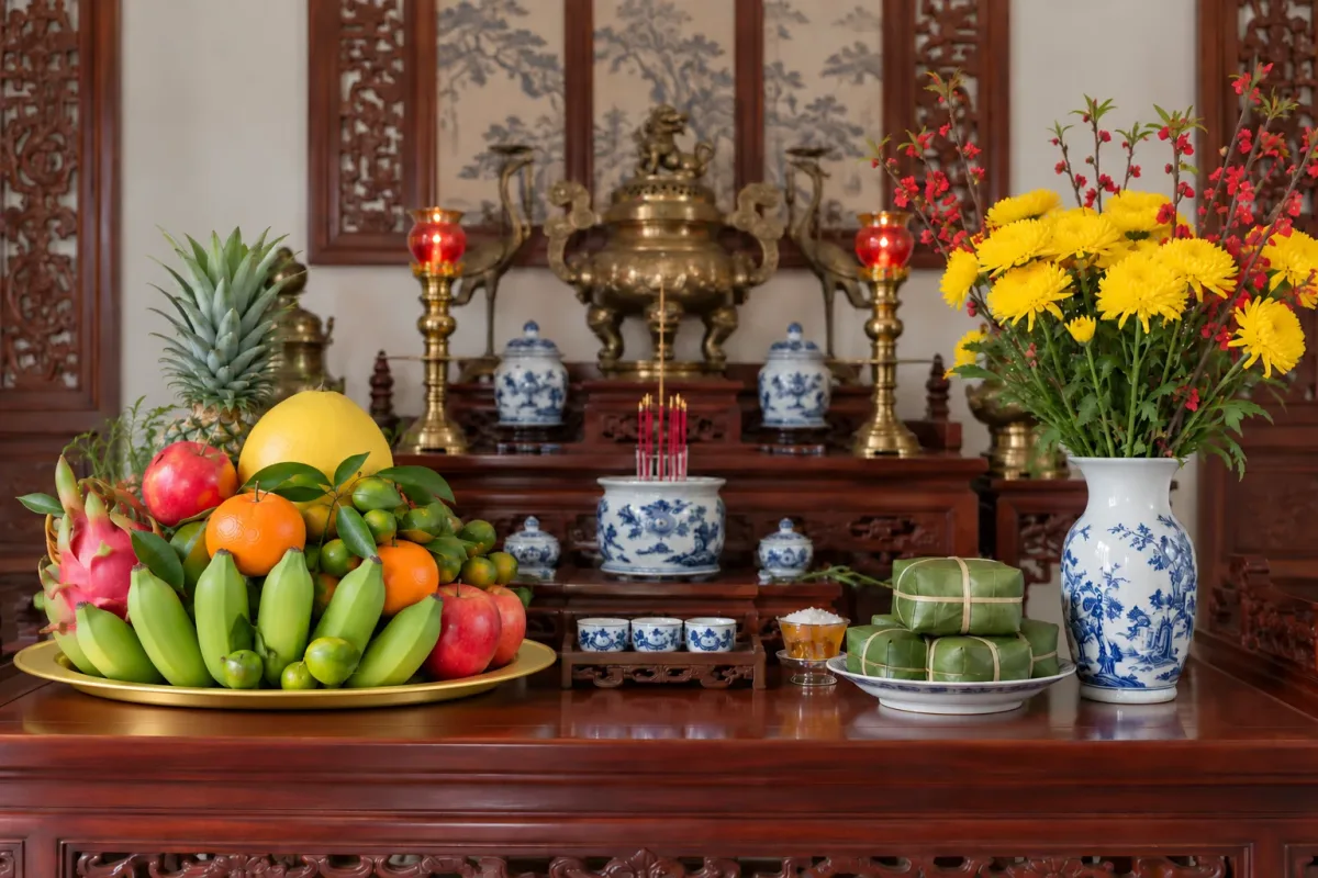 Bàn thờ ngày Tết với mâm ngũ quả đặt bên trái và bình hoa cúc bên phải khi nhìn từ phía trước