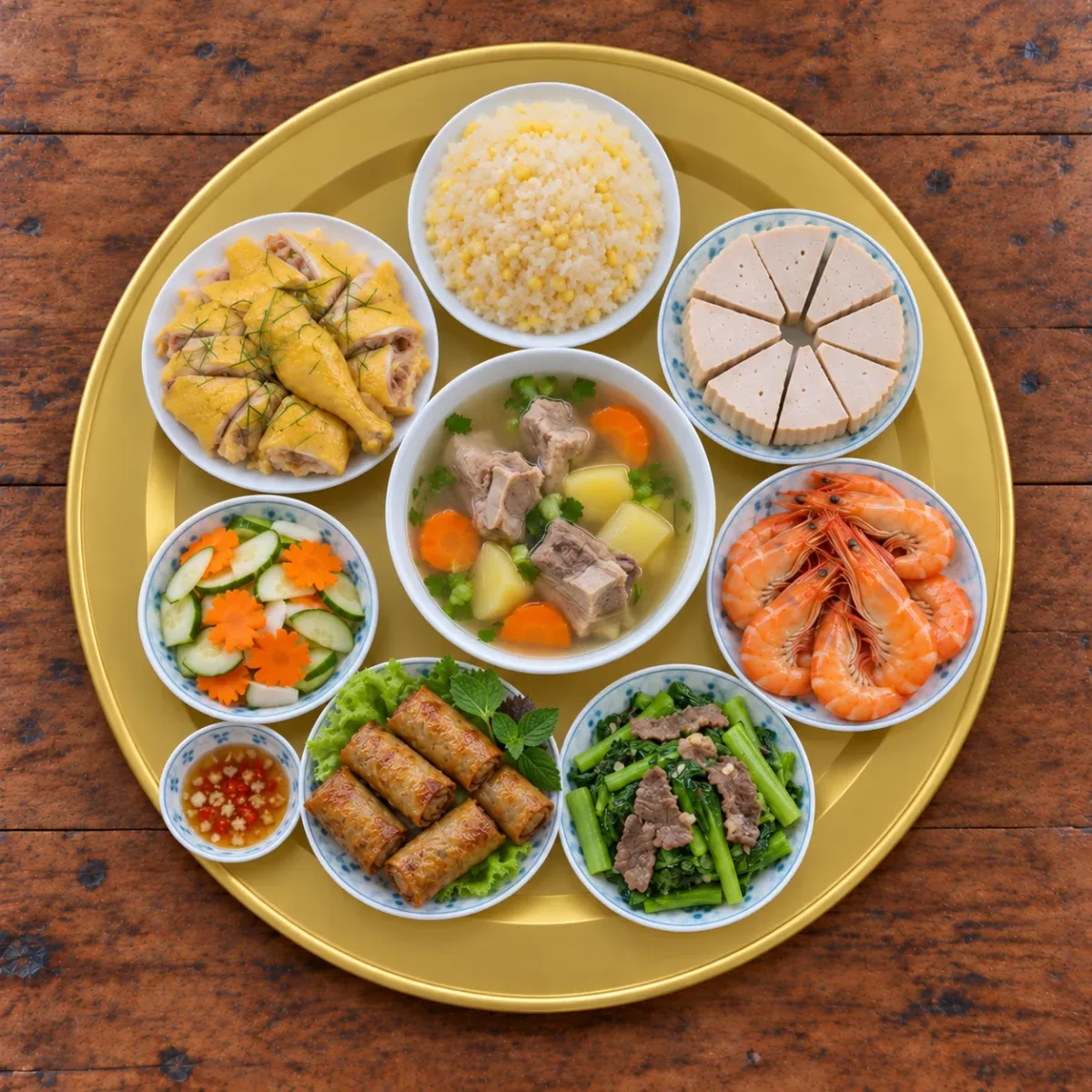 Mâm cỗ cúng giỗ miền Bắc trên mâm nhôm anod vàng gồm gà luộc, xôi, giò, canh xương hầm, tôm hấp, rau xào thịt bò, chả cuốn và dưa góp