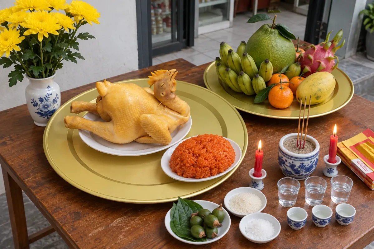 Mâm cúng khai trương gồm gà luộc, xôi gấc trên mâm nhôm anod vàng, mâm trái cây, hoa cúc, hương nến, gạo, muối