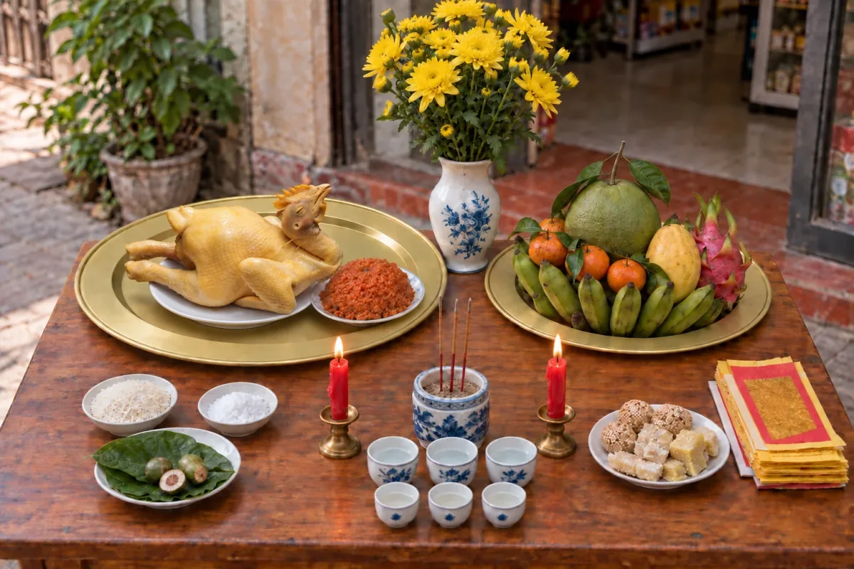 Bàn lễ khai trương trước cửa hàng với mâm gà, xôi, mâm trái cây, hoa cúc, hương nến và chén nước