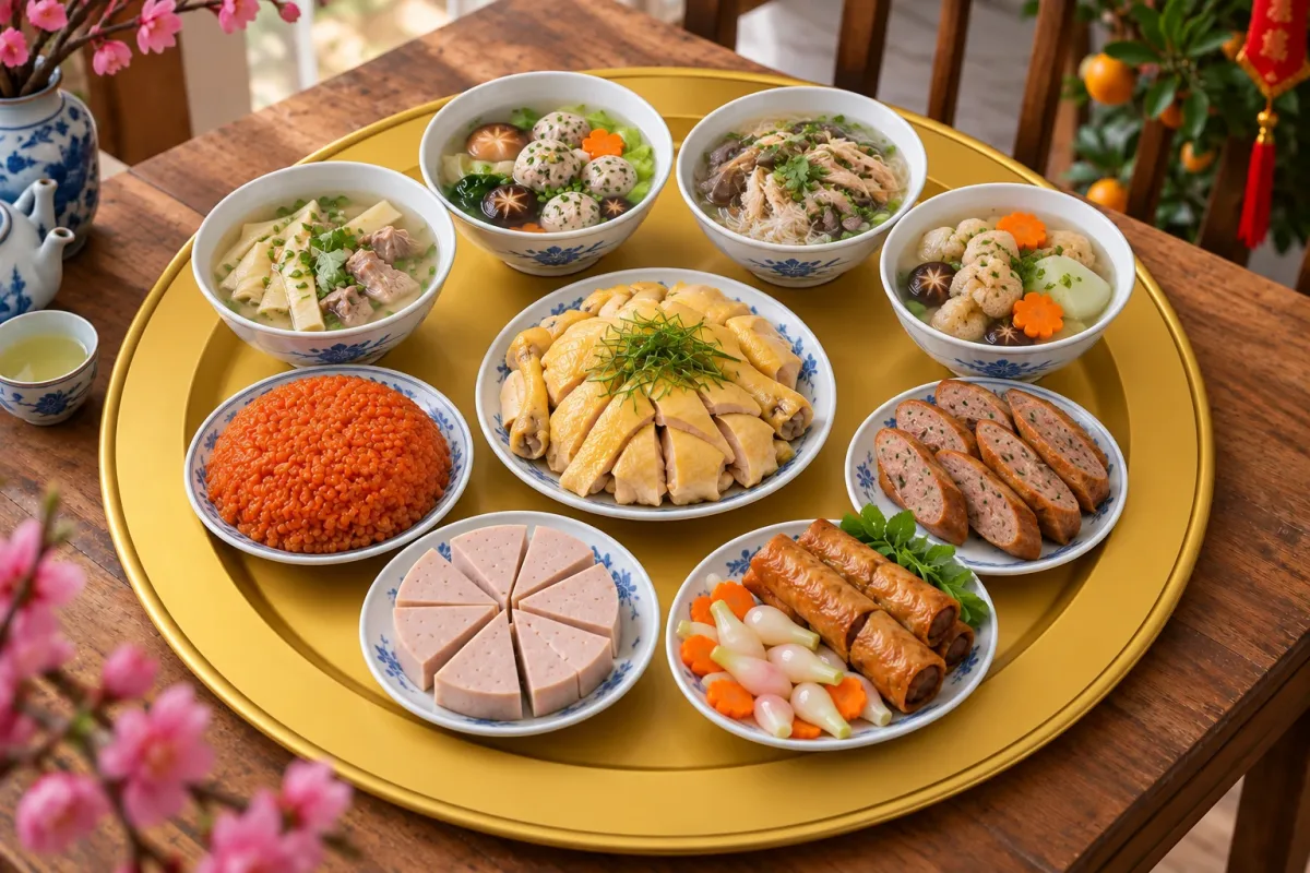 Mâm cỗ ngày Tết miền Bắc 4 bát 6 đĩa trên mâm nhôm anod vàng với gà luộc, xôi gấc, giò, nem và các bát canh