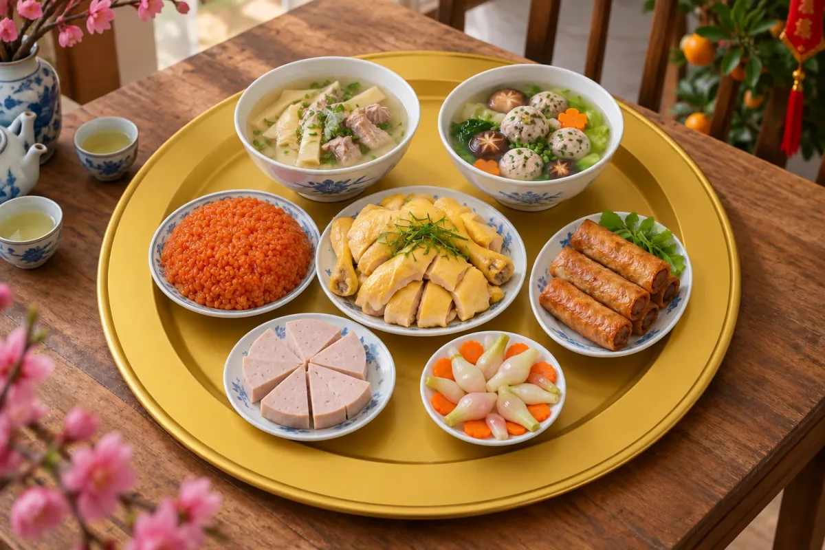 Mâm cỗ Tết gọn cho gia đình ít người gồm gà luộc, xôi gấc, giò lụa, nem rán, dưa hành, canh măng và canh mọc trên mâm nhôm