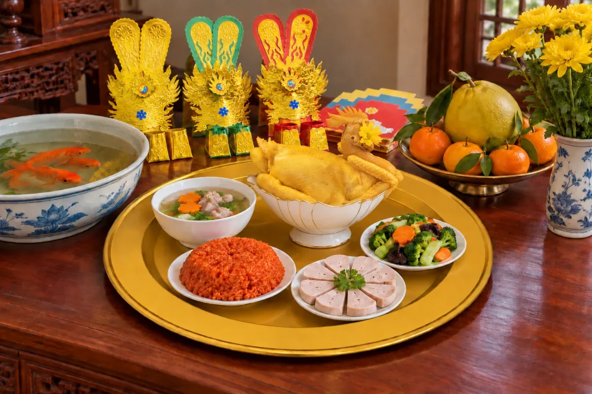 Mâm cúng ông Công ông Táo với gà luộc, xôi gấc, giò, canh, rau xào trên mâm nhôm, bộ mũ áo và chậu cá chép