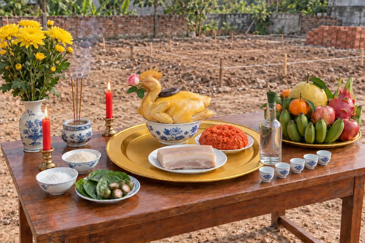 Mâm cúng động thổ xây nhà với gà luộc, thịt luộc, xôi gấc trên mâm nhôm, bày trên bàn tại khu đất sắp xây