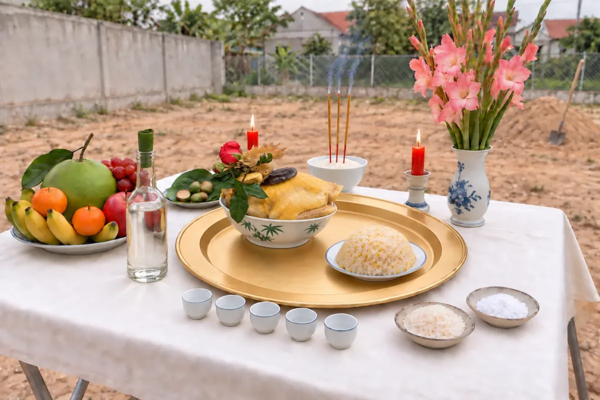 Mâm cúng động thổ đơn giản gồm gà luộc và đĩa xôi trên mâm nhôm, kèm hoa quả, hương nến, gạo muối