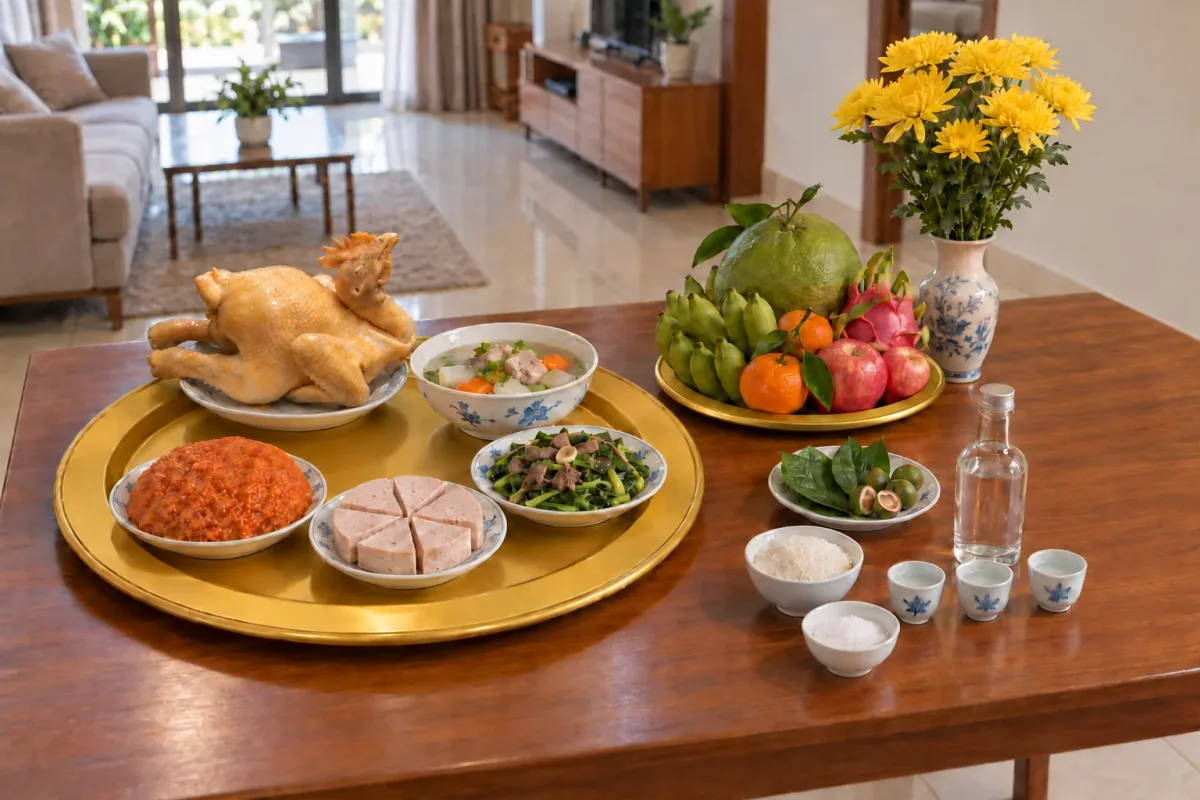 Mâm cúng nhập trạch đầy đủ với gà luộc, xôi gấc, giò lụa, canh và rau xào trên mâm nhôm, đặt trên bàn phòng khách nhà mới