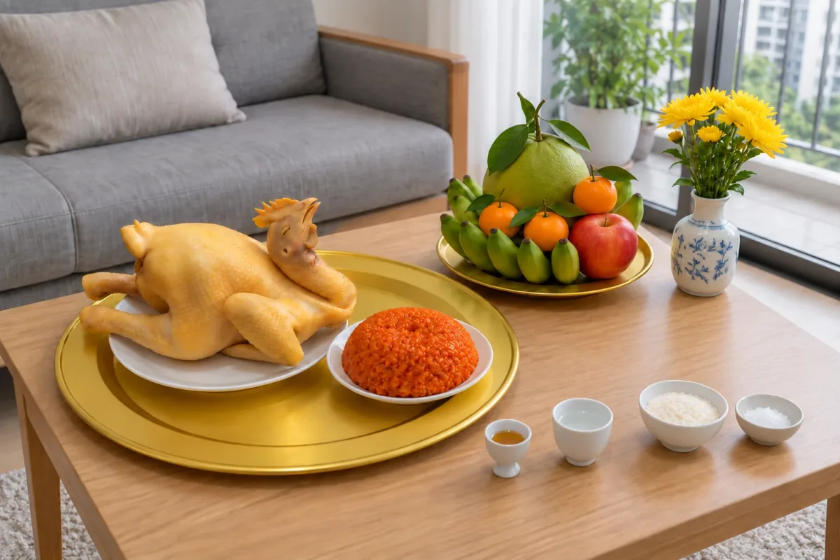 Mâm cúng nhập trạch đơn giản trong căn hộ chung cư gồm gà luộc và đĩa xôi gấc trên mâm nhôm, kèm đĩa hoa quả, bình hoa, gạo, muối