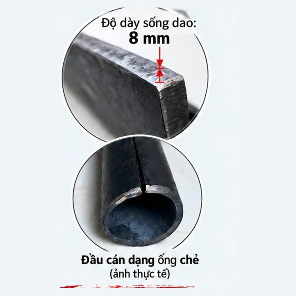 Cận cảnh sống dao dày 8mm và đầu chuôi dao cuộn ống chẻ liền thân