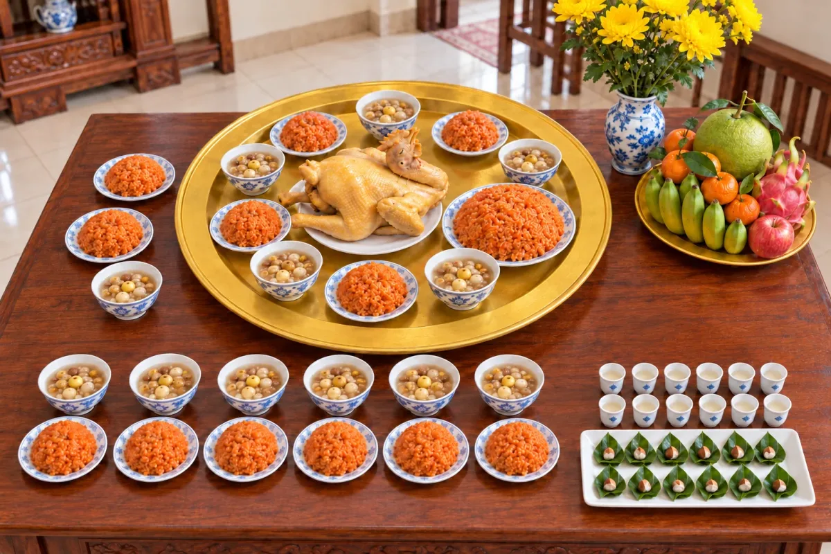 Lễ cúng mụ đầy tháng với gà luộc, xôi gấc và chè trên mâm nhôm, xung quanh là các đĩa xôi, chén chè, chén rượu và trầu cau chia đủ phần