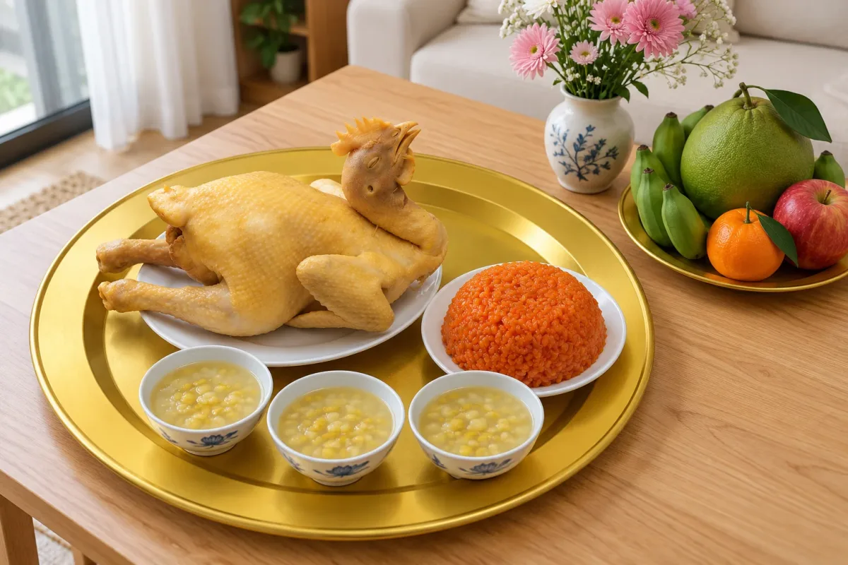 Mâm cúng đầy tháng đơn giản gồm gà luộc, đĩa xôi gấc và ba chén chè trên mâm nhôm, kèm đĩa hoa quả và bình hoa