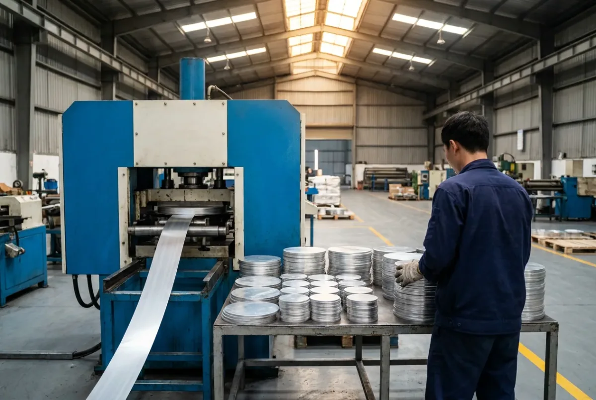 Máy đột cắt phôi tròn trong nhà máy, bên cạnh là các chồng phôi nhôm tròn phẳng màu bạc nhiều cỡ