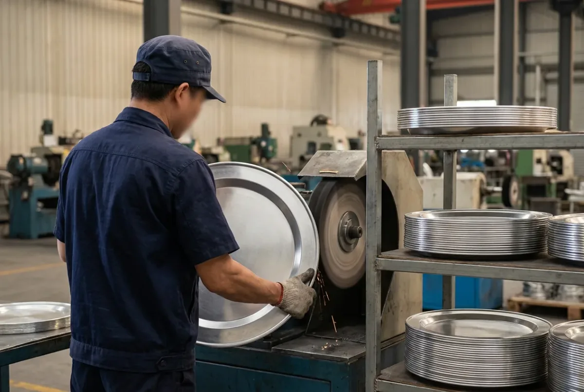 Thợ đeo kính bảo hộ và găng tay áp mép vành mâm nhôm vào bánh vải của máy đánh bóng