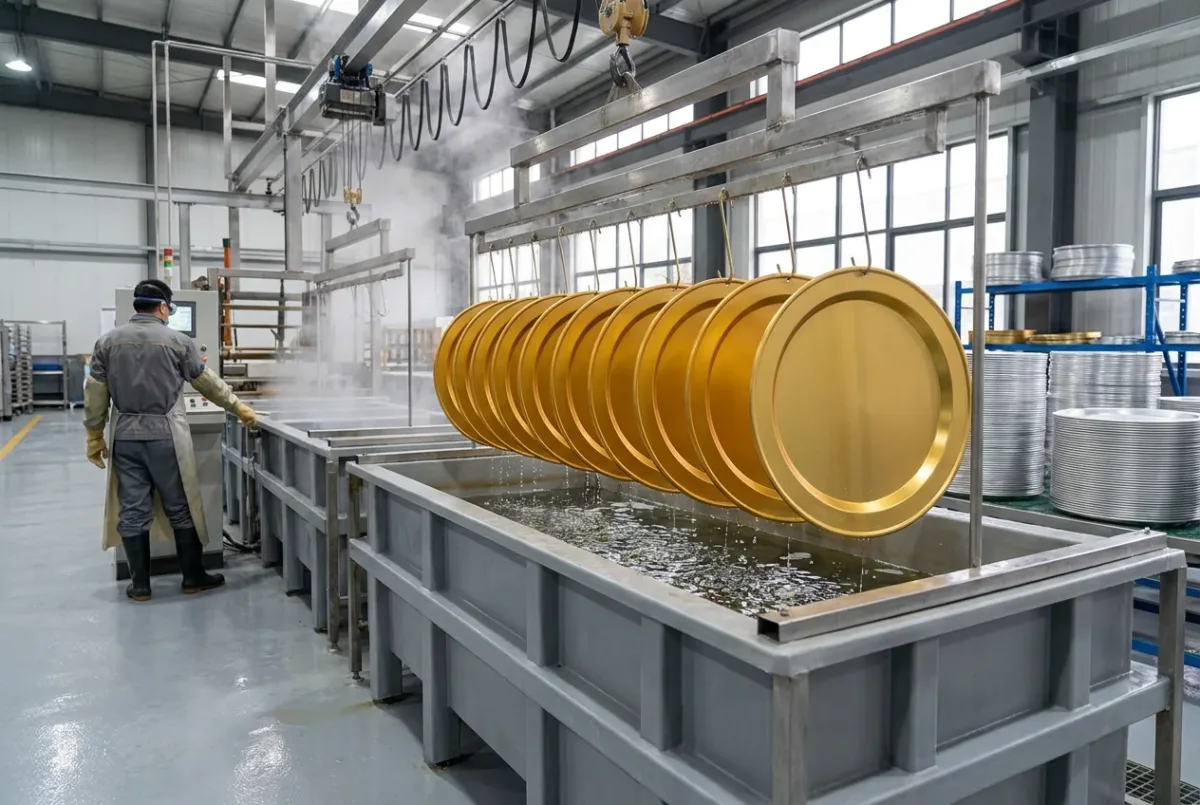 Giá treo những chiếc mâm nhôm vàng vừa nhấc lên khỏi bể điện phân trên dây chuyền anod