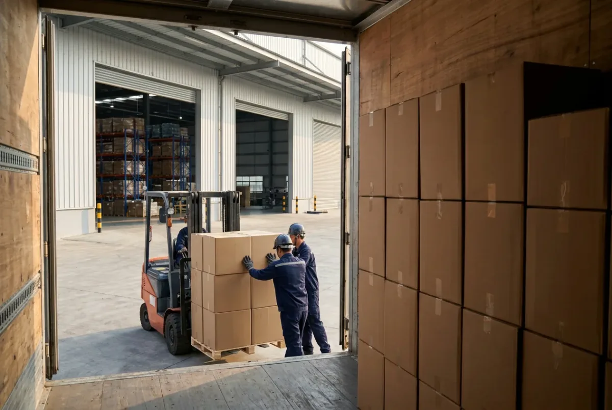 Xe nâng đưa pallet thùng carton vào thùng xe tải ở bãi xuất hàng của nhà máy
