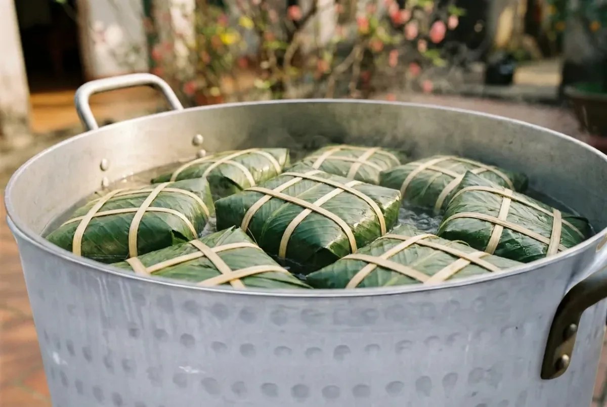 Bánh chưng vuông gói lá dong xếp trong lòng nồi nhôm gò đang sôi, thành nồi có các hàng vết gò
