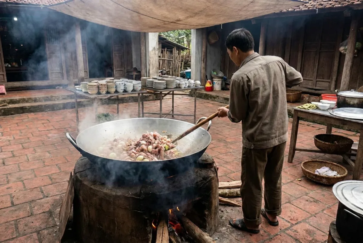 Chảo nhôm gò 2 quai cỡ lớn đặt trên bếp lò củi ngoài sân, đang xào thịt nấu cỗ