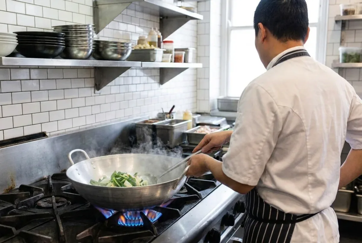 Đầu bếp đảo rau xào trong chảo nhôm gò 2 quai trên bếp ga công nghiệp của quán ăn