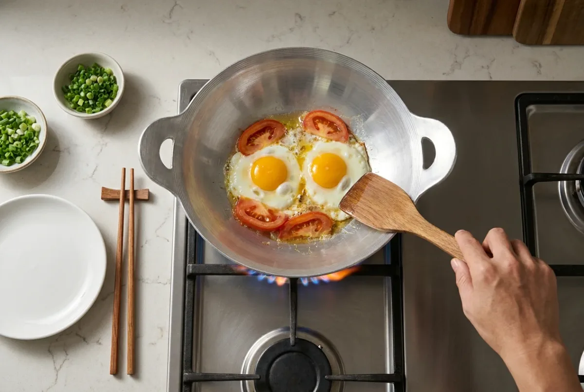 Chiên trứng ốp la bằng chảo nhôm máy bay trên bếp ga, nhìn từ trên xuống