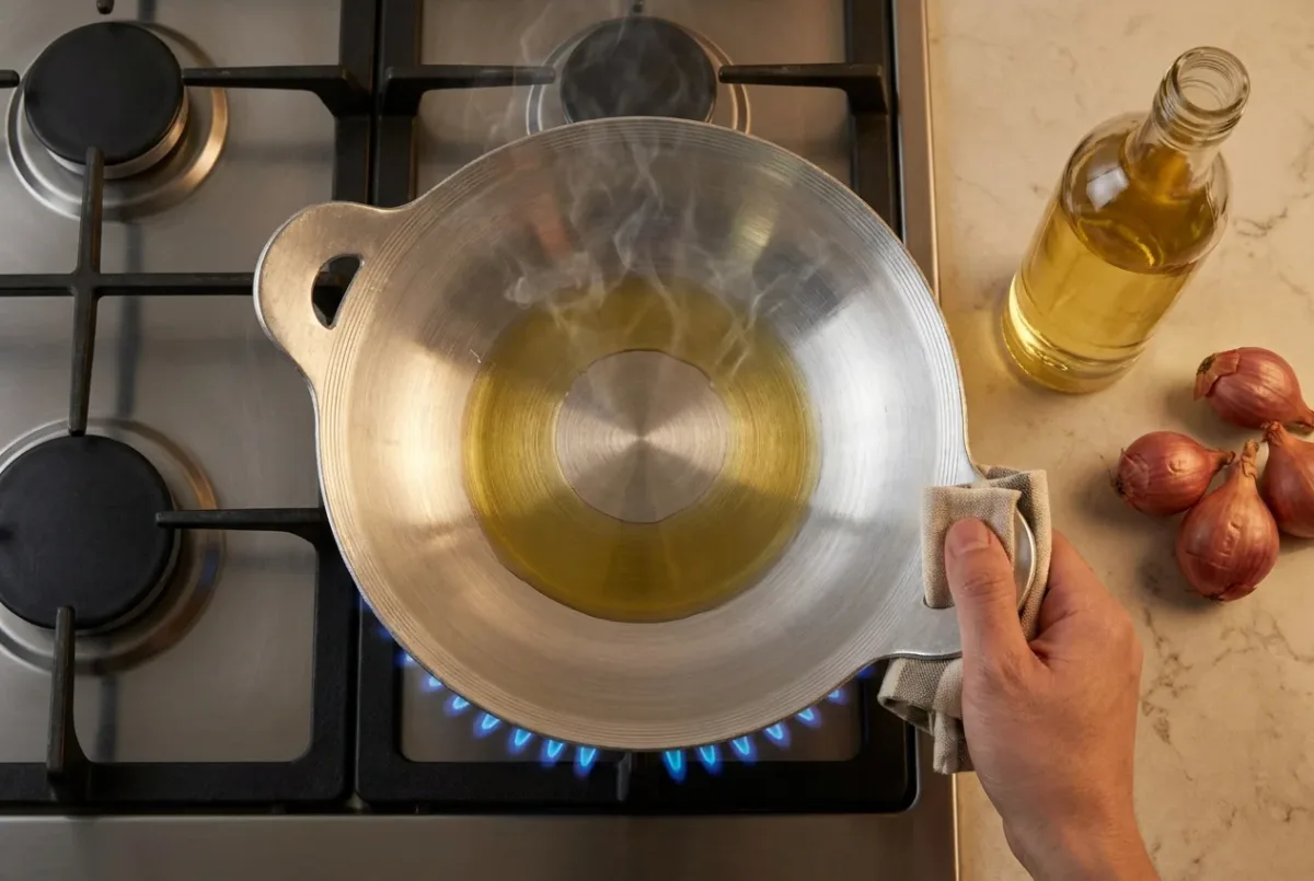 Cách tôi chảo nhôm: dầu ăn láng trong lòng chảo nhôm 2 tai đặt trên bếp ga, khói mỏng bốc lên
