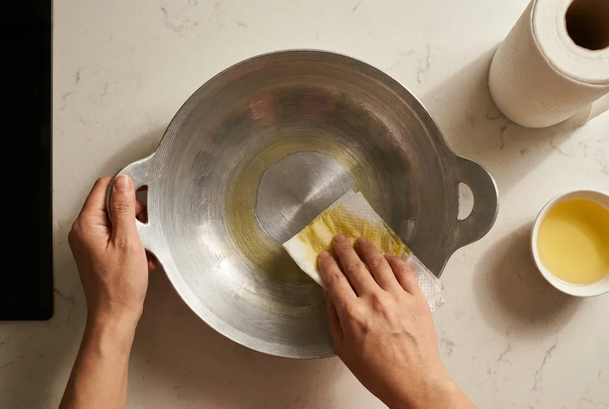 Dùng giấy thấm dầu lau đều lòng chảo nhôm 2 tai sau khi tôi, để lại lớp dầu mỏng