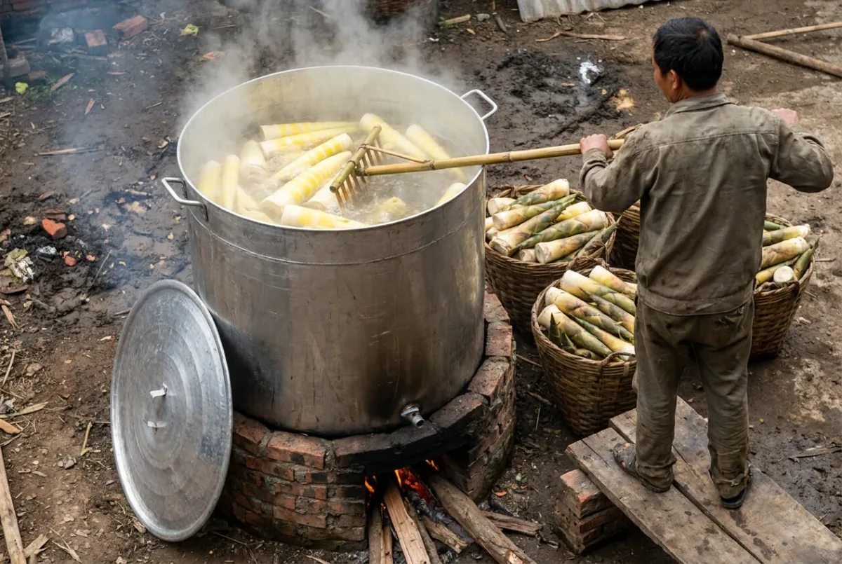 Luộc măng tươi trong nồi nhôm cỡ lớn đặt trên lò củi, người đứng trên bục gỗ đảo măng