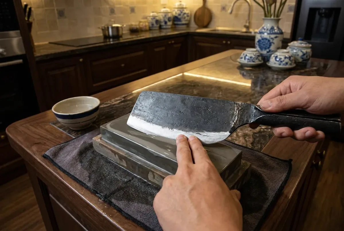 Cách mài dao chặt trên đá mài: lưỡi dao nghiêng khoảng 25–30 độ trên mặt đá ướt, một tay giữ chuôi, một tay ấn đều lên mặt dao