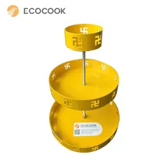 Tháp nước ngọt chữ vạn 3 tầng tròn Ecocook lắp sẵn, ba khay thép sơn vàng cắt CNC hình chữ vạn nối bằng thanh ren, trên nền trắng