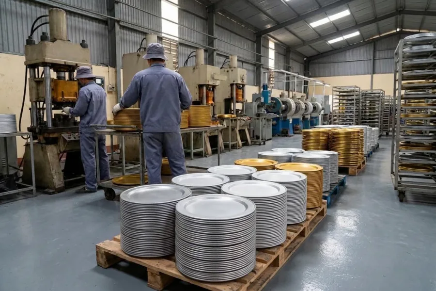 Xưởng sản xuất mâm nhôm Ecocook: mâm anod vàng và trắng xếp trên pallet, thợ làm việc bên máy dập