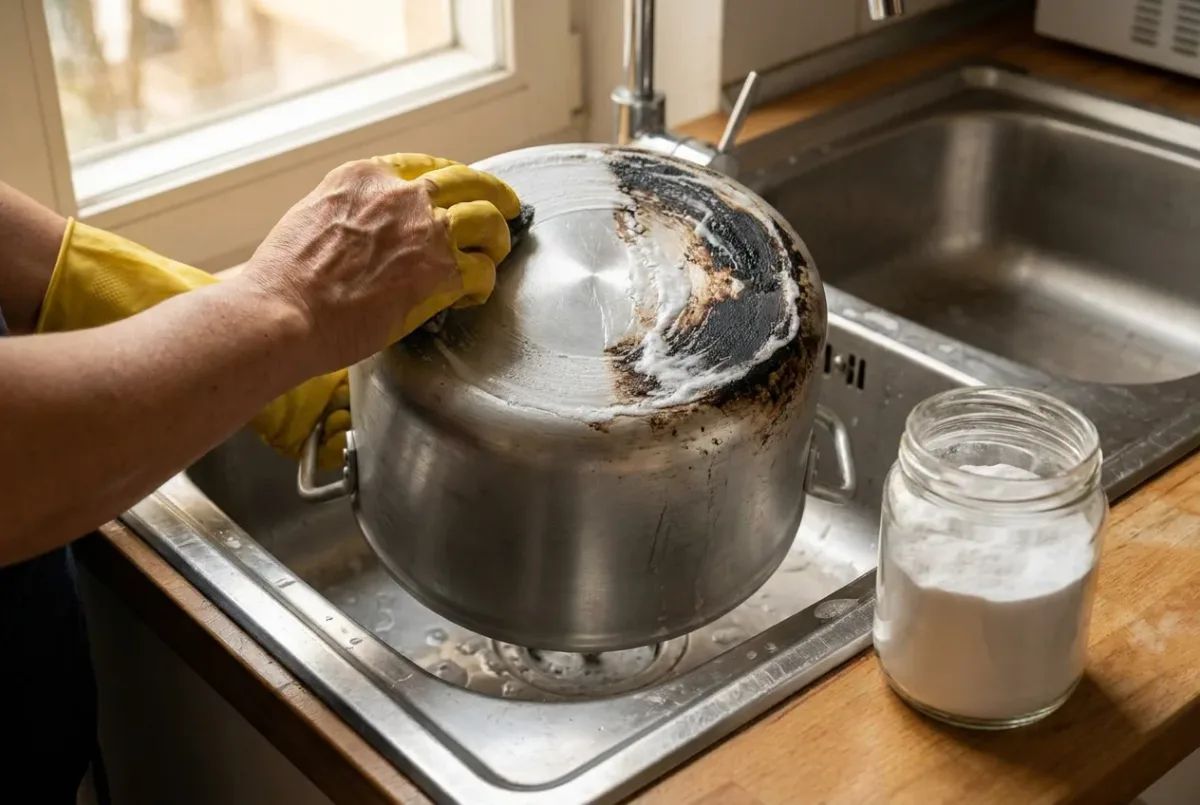 Chà đáy ngoài nồi nhôm bị đen muội bằng búi rửa và baking soda, một nửa đáy đã sáng