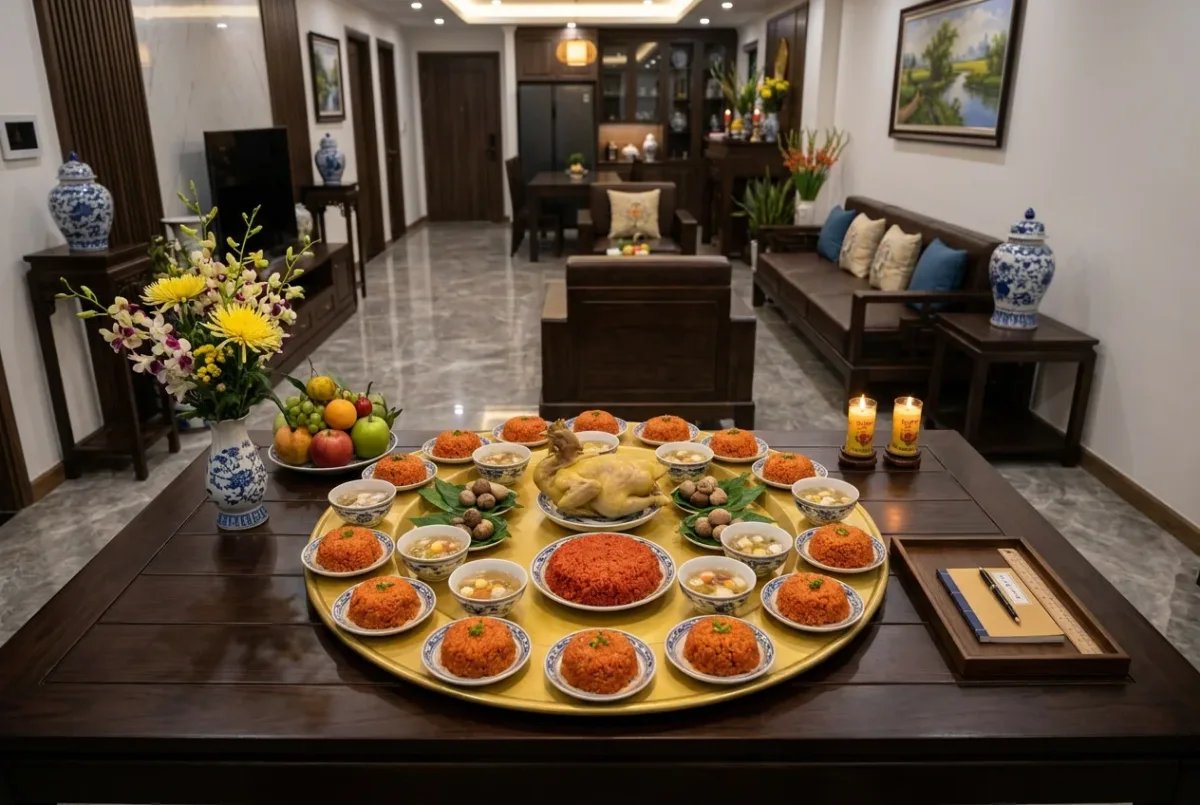 Mâm cúng thôi nôi trên mâm nhôm vàng đặt trên bàn gỗ trong phòng khách căn hộ cao cấp, gà luộc và đĩa xôi gấc lớn ở giữa, các phần xôi, chè, trầu cau nhỏ xung quanh