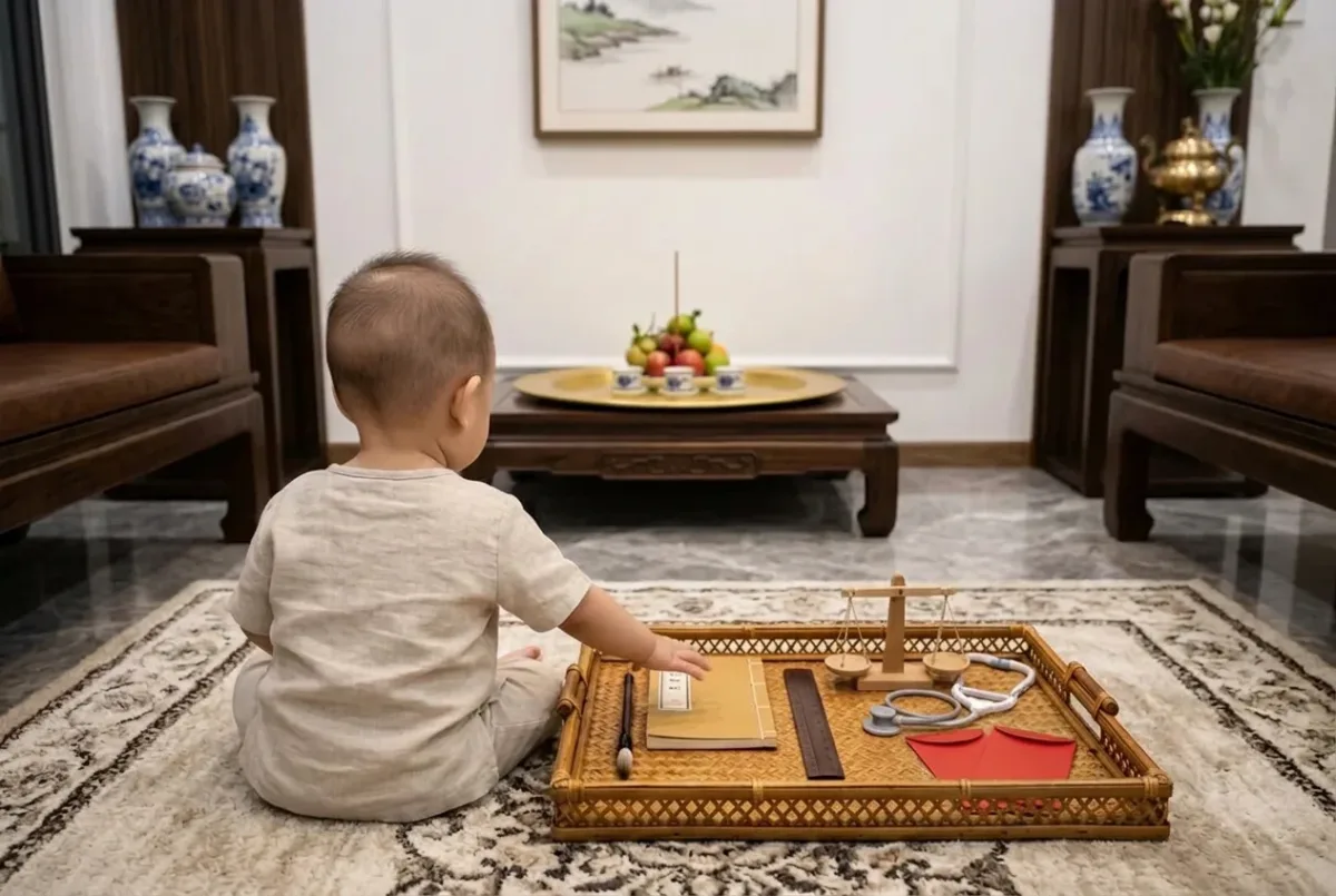 Em bé ngồi quay lưng trên thảm chọn đồ ngày thôi nôi, nia tre có bút, sách, thước kẻ, cân, ống nghe và tiền giấy