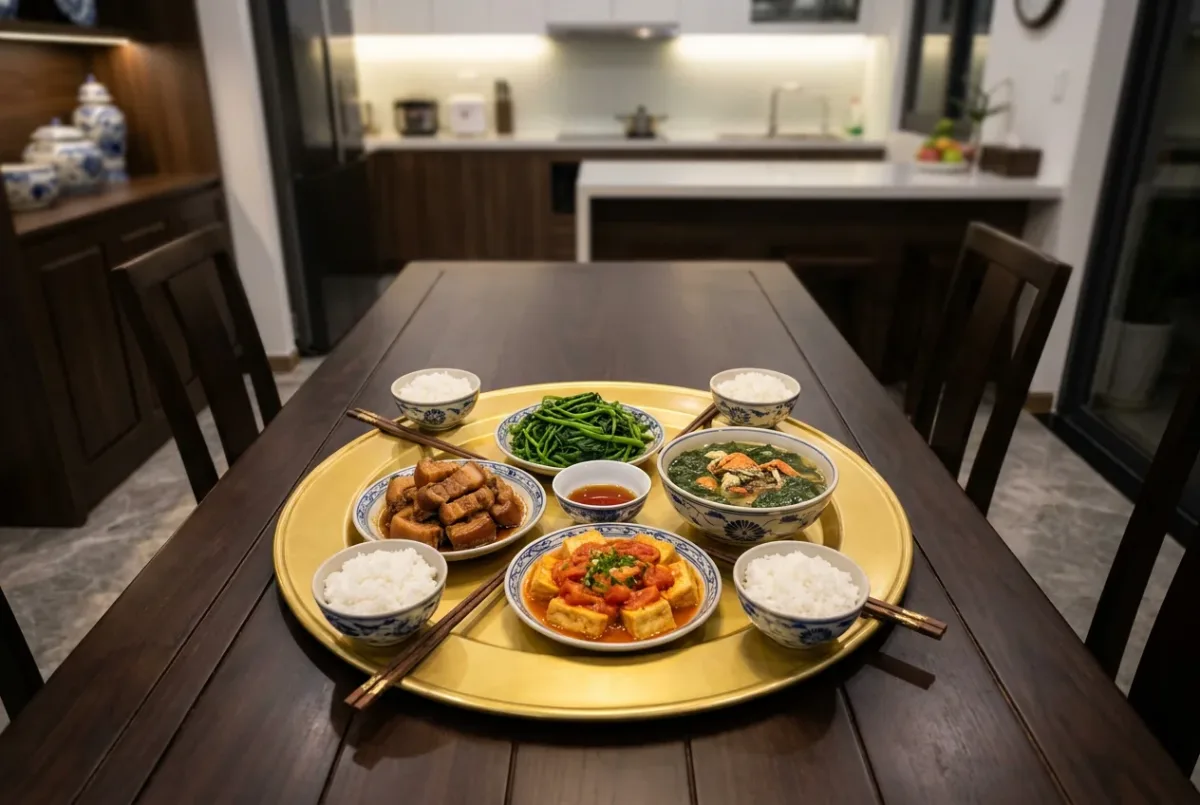 Mâm cơm gia đình miền Bắc trên mâm nhôm vàng đặt trên bàn ăn gỗ trong căn hộ cao cấp: thịt kho, rau muống, canh cua rau đay, đậu phụ sốt cà chua, bát nước mắm và bốn bát cơm