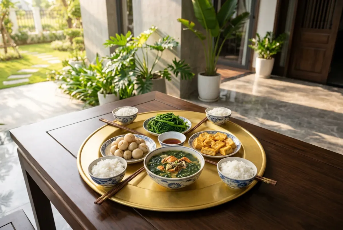 Mâm cơm ngày hè trên mâm nhôm vàng đặt trên bàn gỗ cạnh ban công: canh cua rau đay, cà pháo, rau muống, đậu phụ rán, bát nước chấm và bốn bát cơm