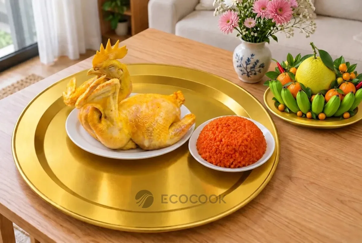 Gà luộc cúng tạo dáng cánh tiên, da vàng, đặt trên đĩa cạnh đĩa xôi gấc trên mâm nhôm anod vàng
