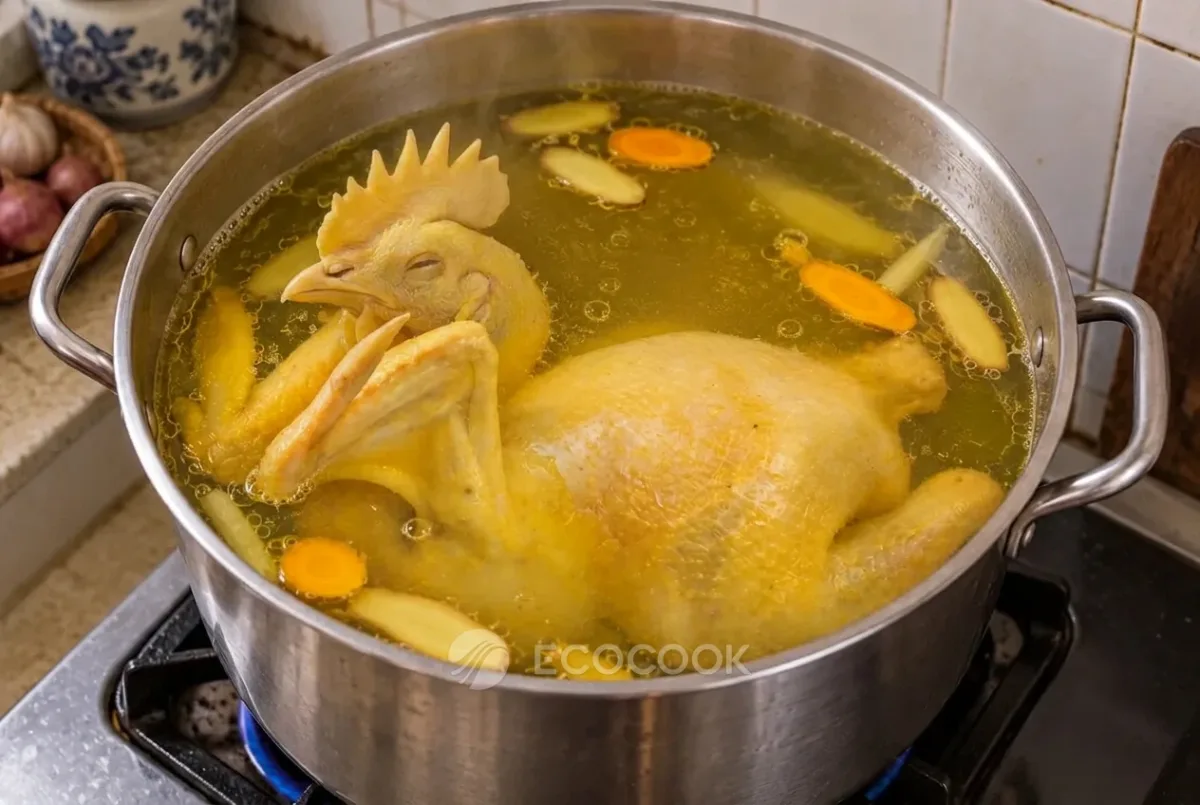 Gà cúng tạo dáng cánh tiên đang luộc trong nồi nước có lát gừng và nghệ