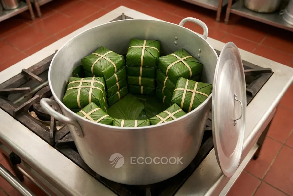 Bánh chưng vuông gói lá dong buộc lạt xếp đứng trong nồi nhôm trắng cỡ lớn đặt trên bếp ga kiềng to, nắp nồi dựng bên cạnh