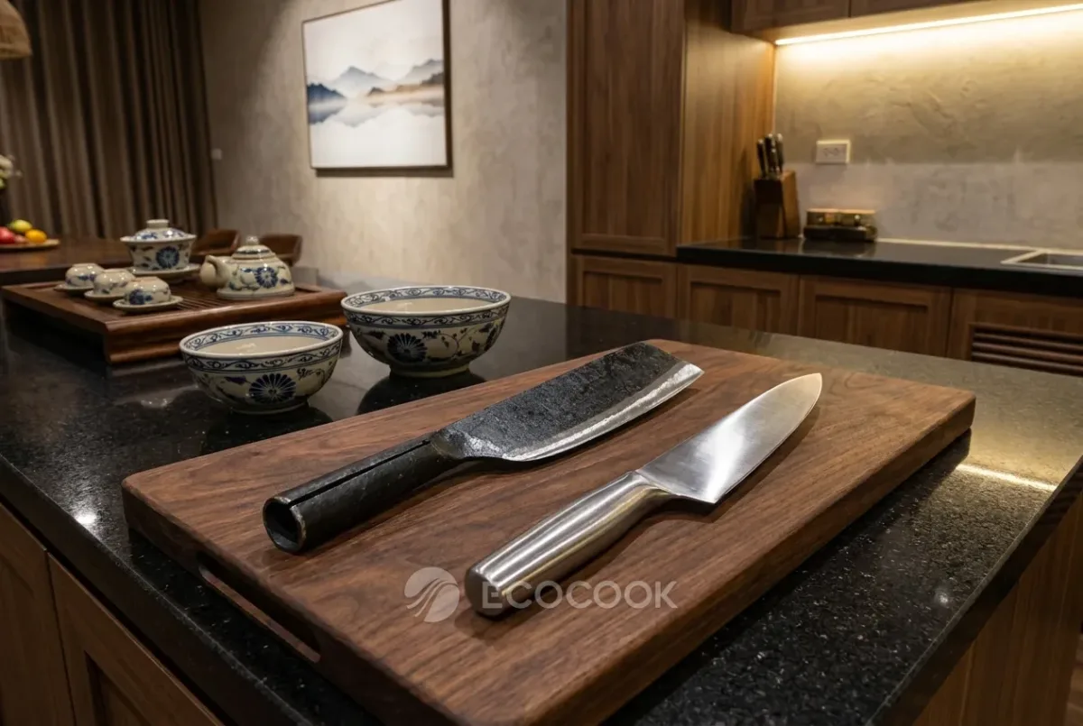 Dao chặt rèn thép đen chuôi ống thép (trái) và dao thái inox sáng bóng (phải) nằm trên thớt gỗ