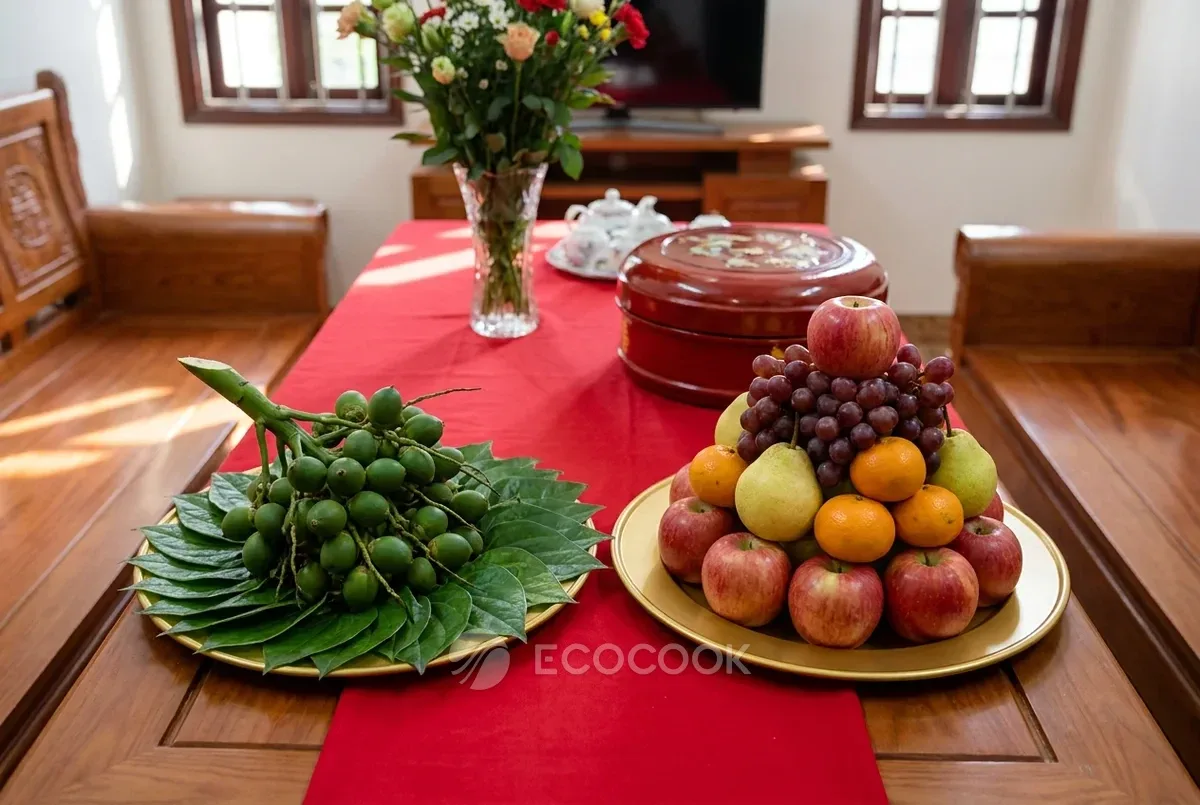 Mâm trầu cau và mâm hoa quả xếp tháp bày trên mâm nhôm vàng, bàn trải khăn đỏ ngày lễ ăn hỏi