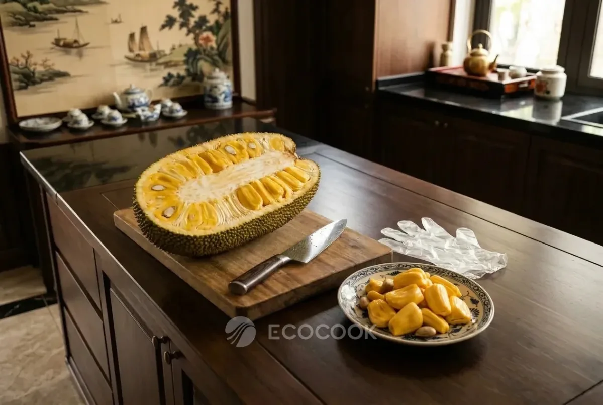 Nửa quả mít chín trên thớt gỗ, con dao lưỡi bóng dầu, đôi găng tay nilon và đĩa múi mít vàng