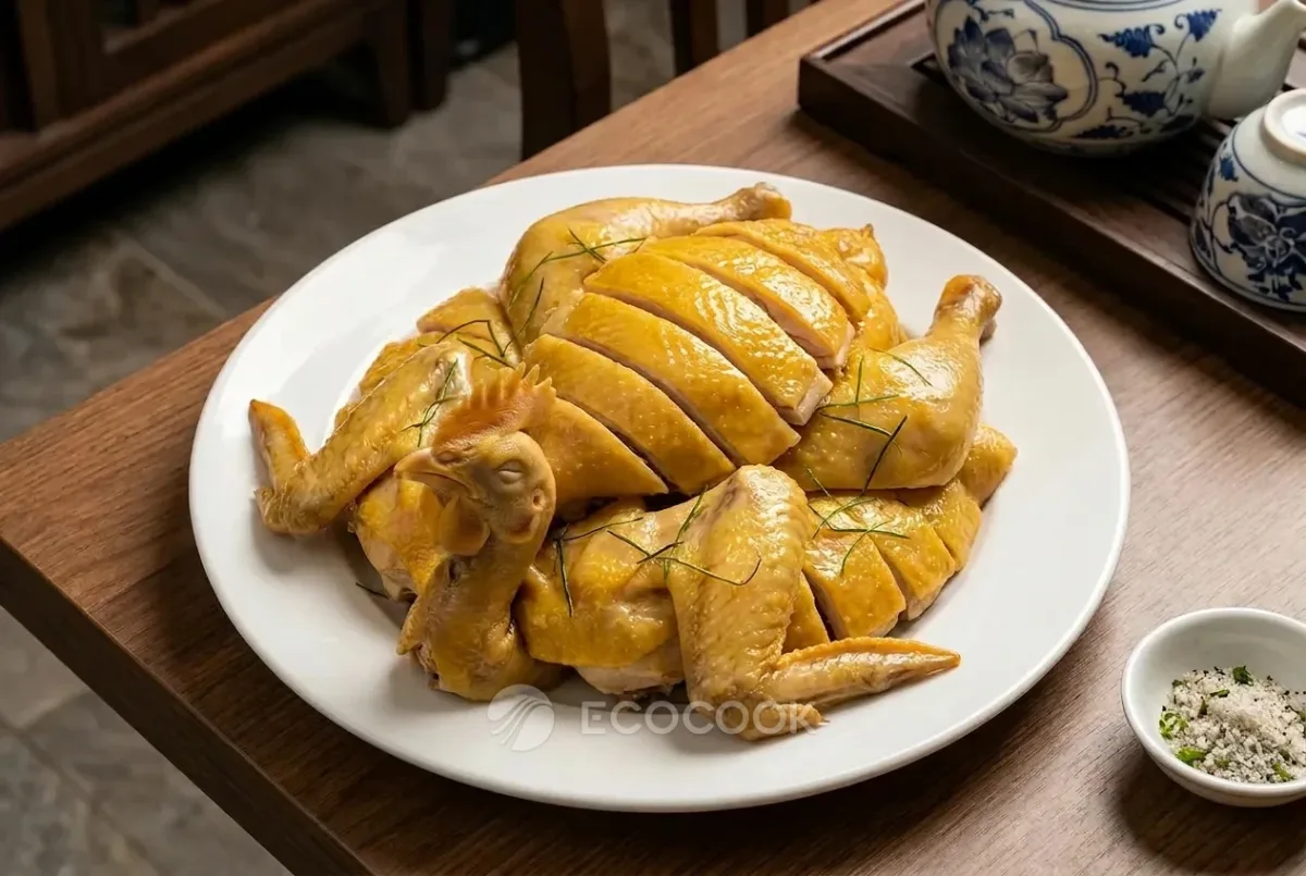 Đĩa gà luộc vàng óng đã chặt miếng, xếp lại thành hình con gà: lườn ở giữa, đùi và cánh hai bên, đầu gà ở đầu đĩa, rắc lá chanh thái chỉ