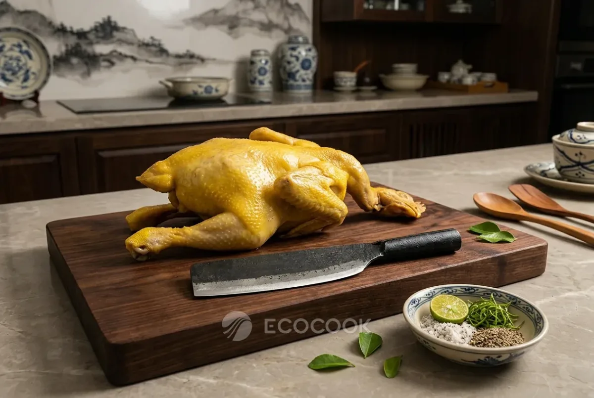 Dao chặt rèn thép đen nằm trên thớt gỗ cạnh con gà luộc nguyên con, bên cạnh bát muối tiêu chanh và lá chanh