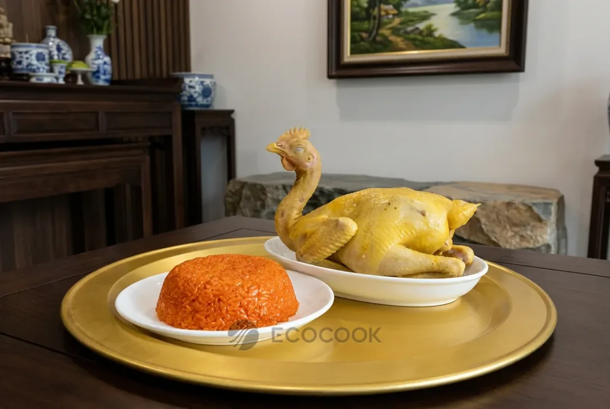 Đĩa xôi gấc úp bát màu cam đỏ, hạt nếp bóng, đặt cạnh gà luộc trên mâm nhôm anod vàng chuẩn bị cúng