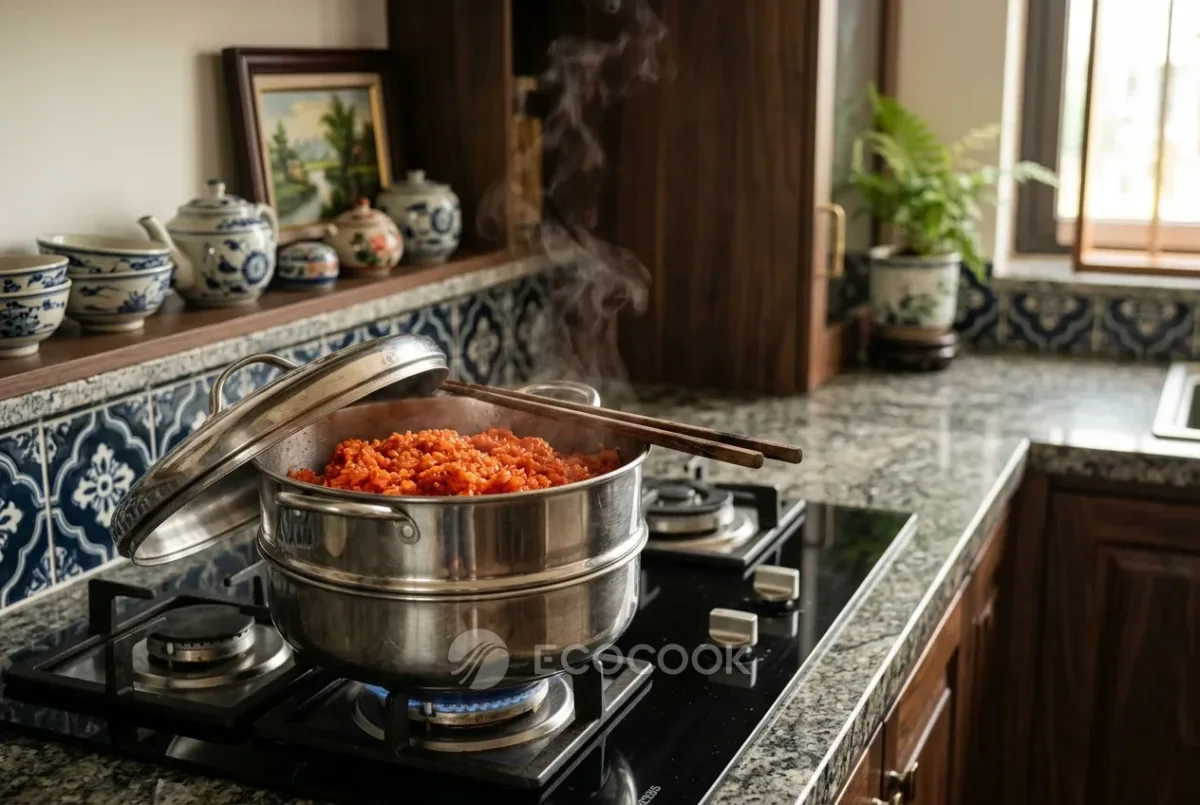 Chõ inox đồ xôi gấc trên bếp ga, nắp mở hé, xôi đỏ cam bốc hơi