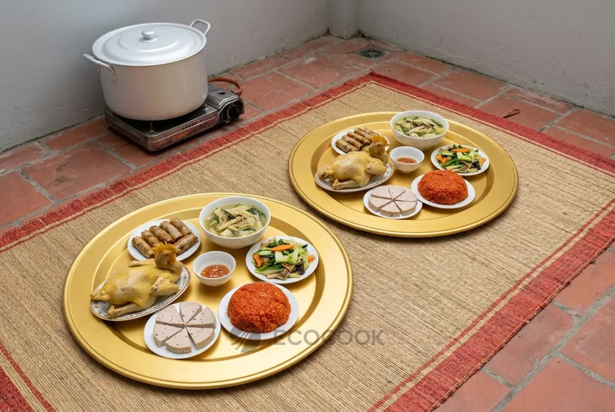 Hai mâm nhôm anod 70cm bày cỗ ngày giỗ trên chiếu, góc sân có nồi nhôm lớn trên bếp ga đơn