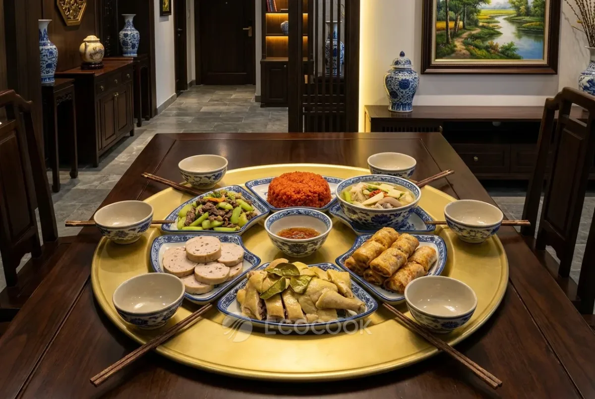 Mâm cỗ ngon miền Bắc đãi khách trên mâm nhôm vàng: gà luộc lá chanh, giò lụa, nem rán, xôi gấc, bò xào, bát canh và nước mắm