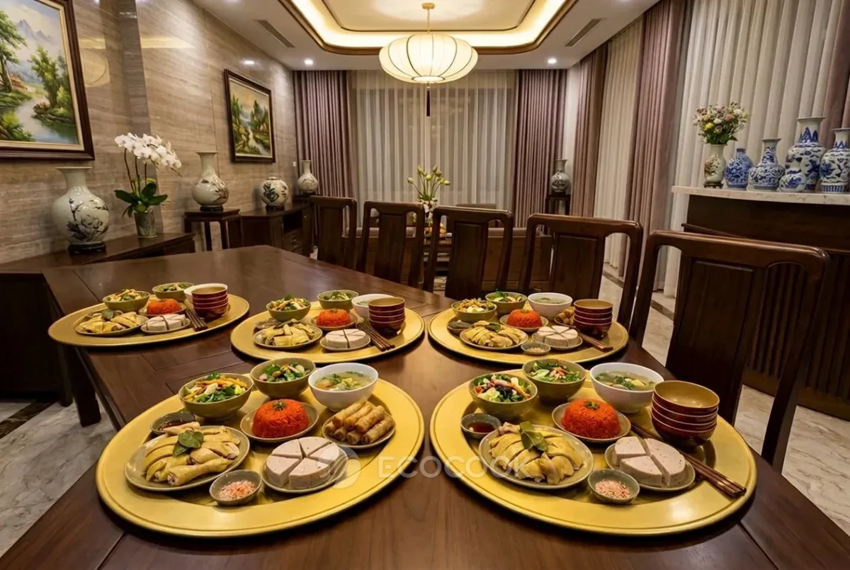 Nhiều mâm cỗ miền Bắc giống nhau bày sẵn trên bàn dài trong phòng ăn sang trọng, mỗi mâm nhôm vàng có gà luộc, xôi gấc, nem, giò, nộm, canh